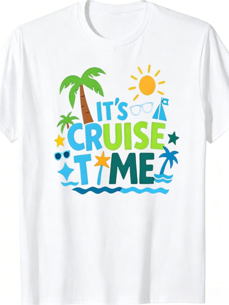 Men'S T-Shirt Vacation Style It'S Cruise Time Print with Palm Tree Sun And Sailboat Graphic Soft Breathable Blend Casual