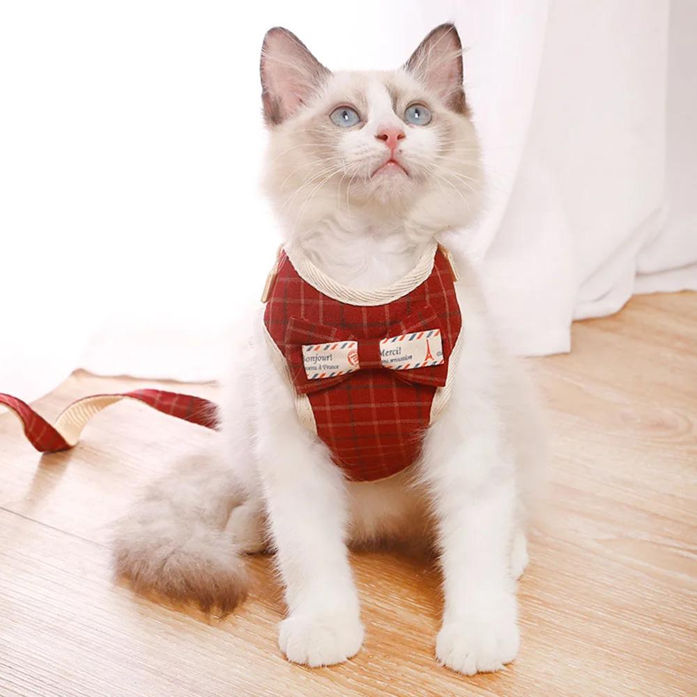 Bowknot Cat Harness And Leash Set Adjustable Puppy Harness Cat Lead Leash Clothes Vest Nylon Mesh Kitten Collar Cat Accessories