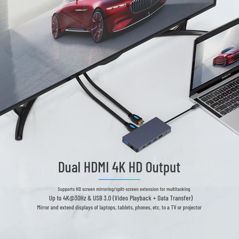 USB-C хаб 12-в-1: Двойной HDMI, VGA, Gigabit Ethernet, Многопортовый адаптер с поддержкой тройного дисплея