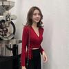 Women's Solid Color V-Neck Long-Sleeve Slim Fit Casual Top