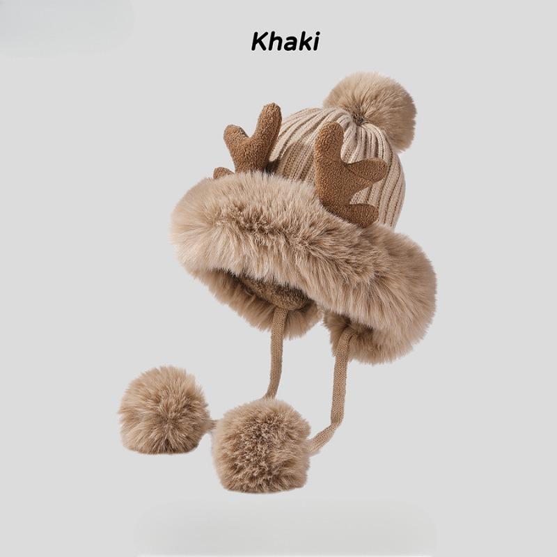 Милая плюшевая вязаная шапка из рогов оленя на осень-зиму из трех шерстяных клубков пряжи, простая модная теплая шапка для женщин