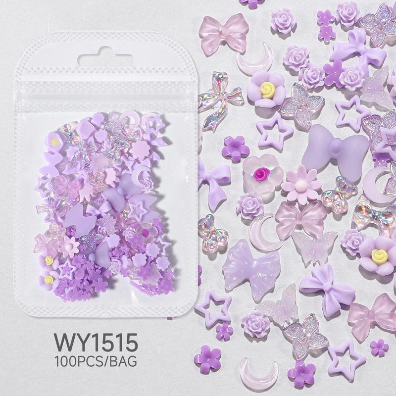 100 шт., 3D смола, розовый, фиолетовый, подвеска для ногтей, цветы, сердце, медведь, смешанное украшение для дизайна ногтей, Kawaii, розовая лента, бант, сделай сам, часть для ногтей