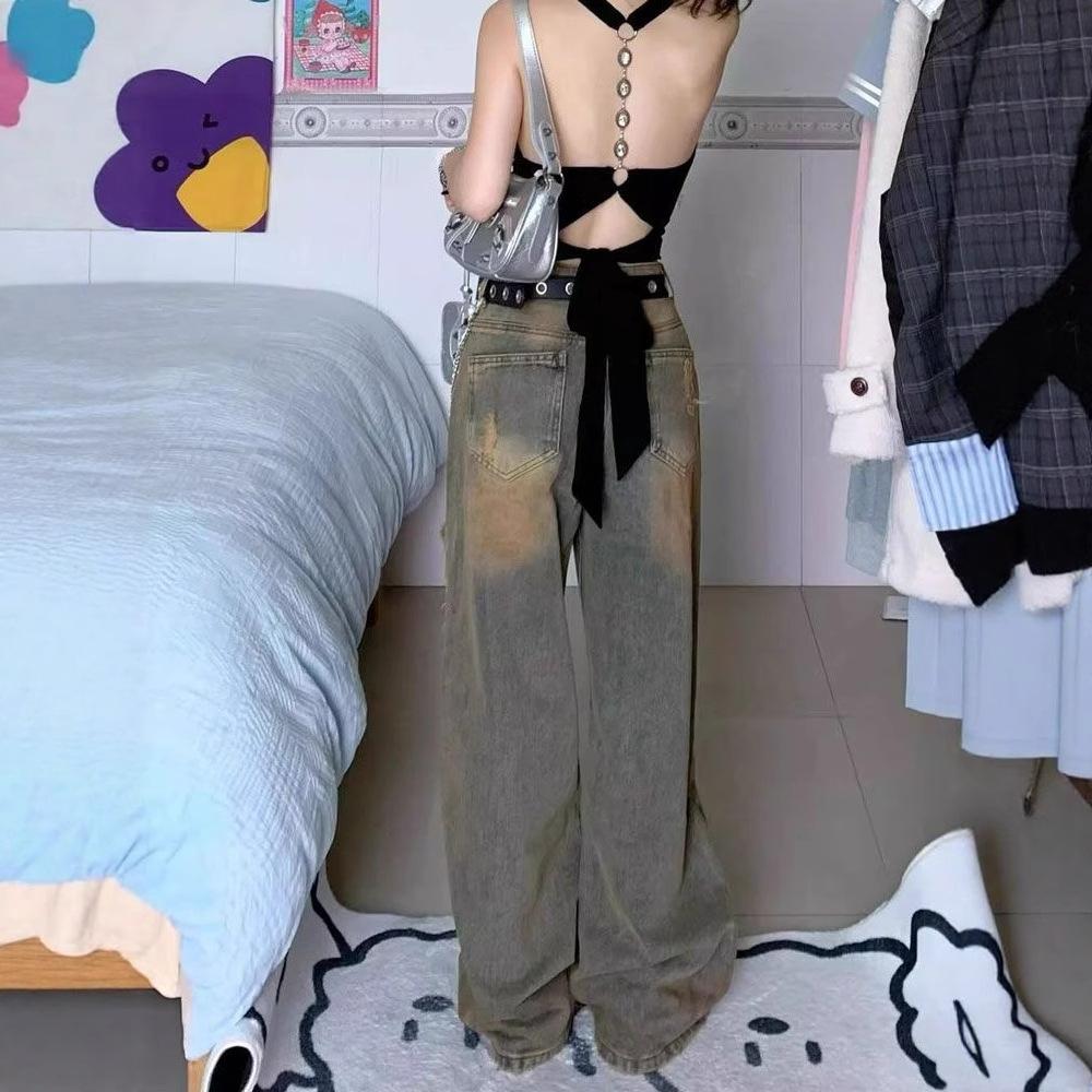 Дизайн с эффектом стирки, нишевые джинсы с рваными коленями, женские свободные джинсы большого размера прямого кроя, длинные джинсы с широкими штанинами, волочащиеся по полу, джинсы для женщин, длинные джинсовые брюки