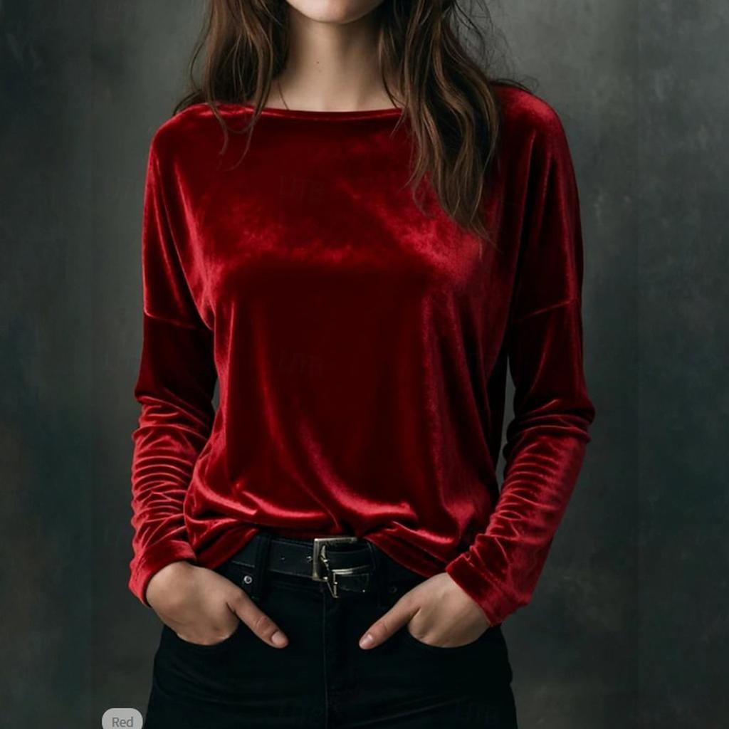 Женский модный бархатный пуловер с круглым вырезом и длинными рукавами свободного кроя