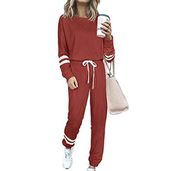 2 Pcs/Set Women Top Pants Suit Round Neck Long Sleeves Striped Solid Color Sweatshirt Drawstring Elastic Waist Trousers