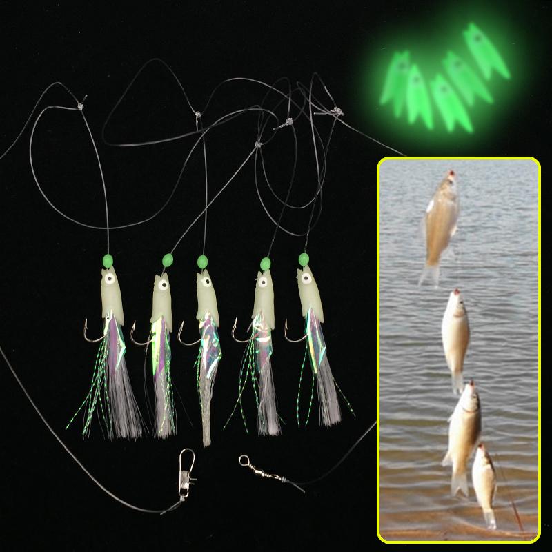 5 In 1 Luminous Sabiki Soft Fishing Lure Hook 1/0# 1# 2# 3# 4# Fishing String Hook During Dark Night