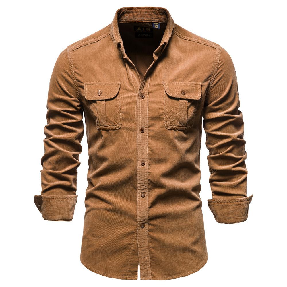 New Autumn 100% Cotton Corduroy Shirts Men Solid Color Slim Fit Casual Blouses High Quality Long Sleeve Social Shirt for Men