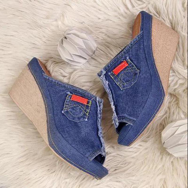 Женская обувь Джинсовые модные женские сандалии на каблуке Сандалии на танкетке с открытым носком