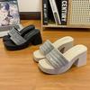 Fashion Thick-soled Heightening One-word Slippers for Women's Outer Wear 2024 Spring and Summer New Small Thick-heeled Square-headed Rhinestone Sanda