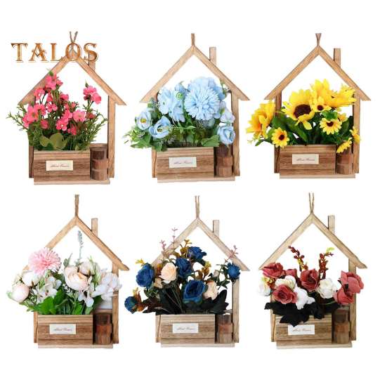Деревянное настенное кашпо с искусственными цветами, искусственные цветы в горшках, домашний декор для стен, искусственные растения в горшках для сада, патио, гостиной, спальни, украшения