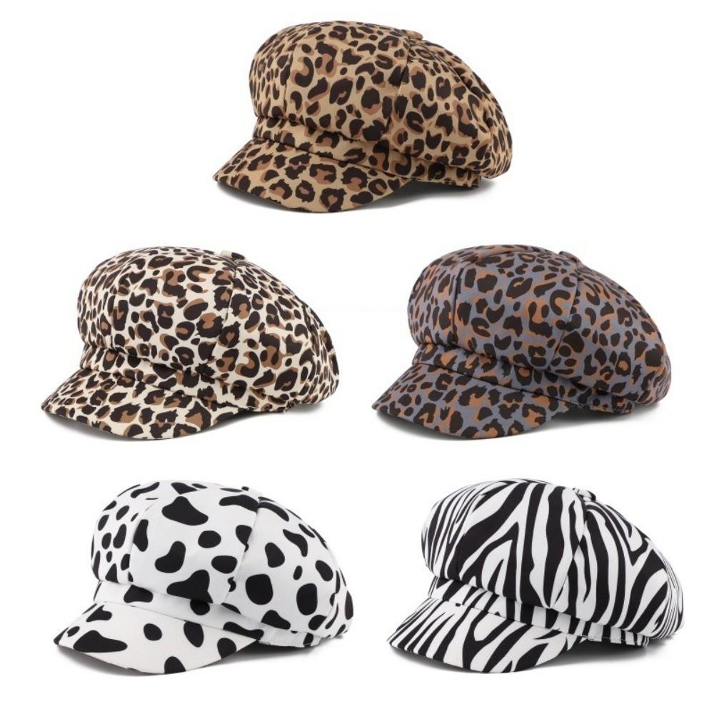 Y2K Leopard Print Octagonal Hat Spot Peaked Cap Cute Women Beret Ladies