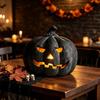 Halloween Pumpkin Lantern Resin Black Sculpture with LED Candle Spooky Figurine Tabletop Decor for Porch Haunted House Party