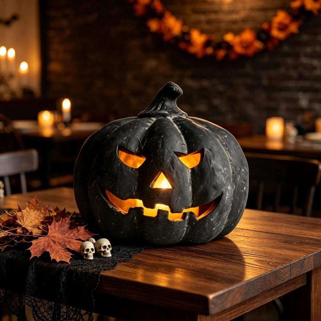 Halloween Pumpkin Lantern Resin Black Sculpture with LED Candle Spooky Figurine Tabletop Decor for Porch Haunted House Party