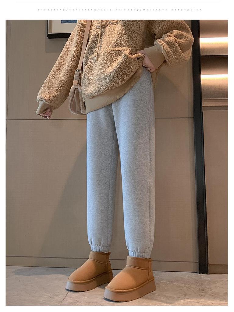 Женские флисовые спортивные штаны с высокой посадкой и манжетами - Толстые серые джоггеры для осени/зимы 2024