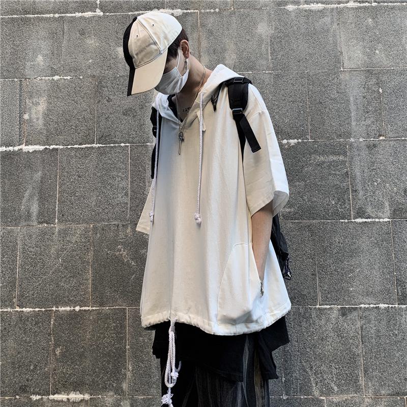 Темная трендовая мужская хип-хоп футболка оверсайз с капюшоном и коротким рукавом в корейском стиле