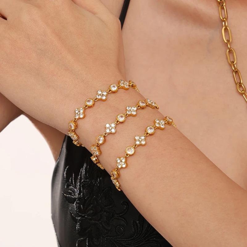 Luxury Flower Zircon Gold Plated Tennis Bracelet For Women Stainless Steel Bangle Vintage Daily Charm Jewelry Gift