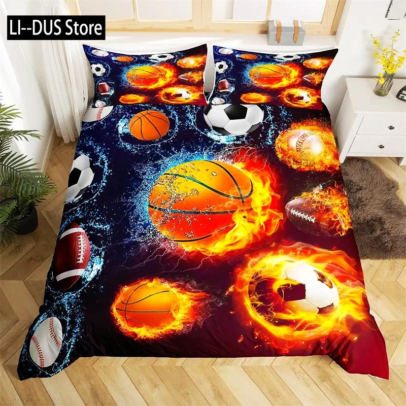 Football Duvet Cover Sports Theme Ball Games Bedding Set Kids Basketball Hockey Comforter Cover Twin for Boys Girls Room Decor
