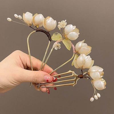 Новая китайская шпилька для волос с белым цветком для женщин, ретро элегантная металлическая U-образная заколка, шпилька для волос Ханфу, аксессуары для волос