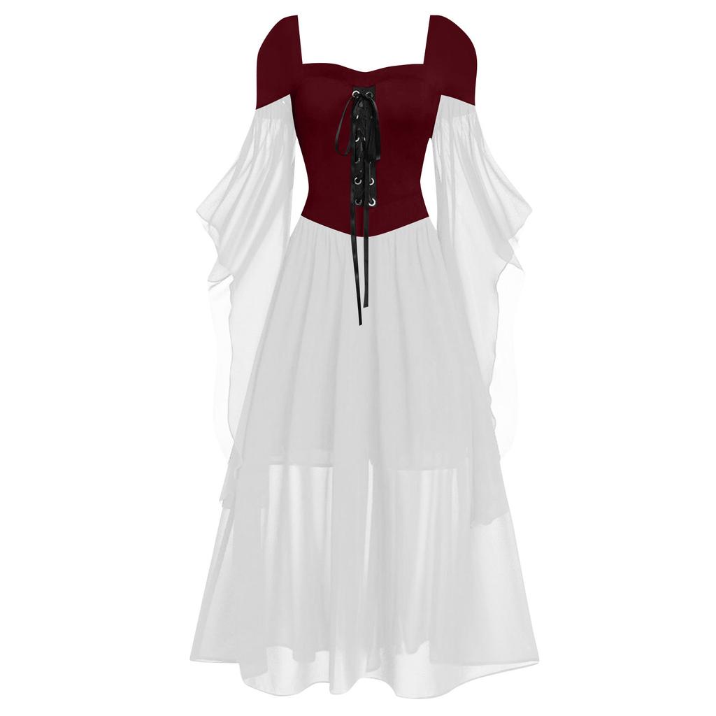 Womne Plus Size Cold Shoulder Butterfly Sleeve Lace Up Halloween Gothic Dress