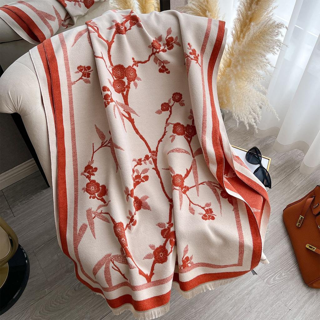 Fashionable And Elegant Scarf Women'S Winter High-End Flower Imitation Cashmere Double-Sided Thickened Long Scarf Large Shawl