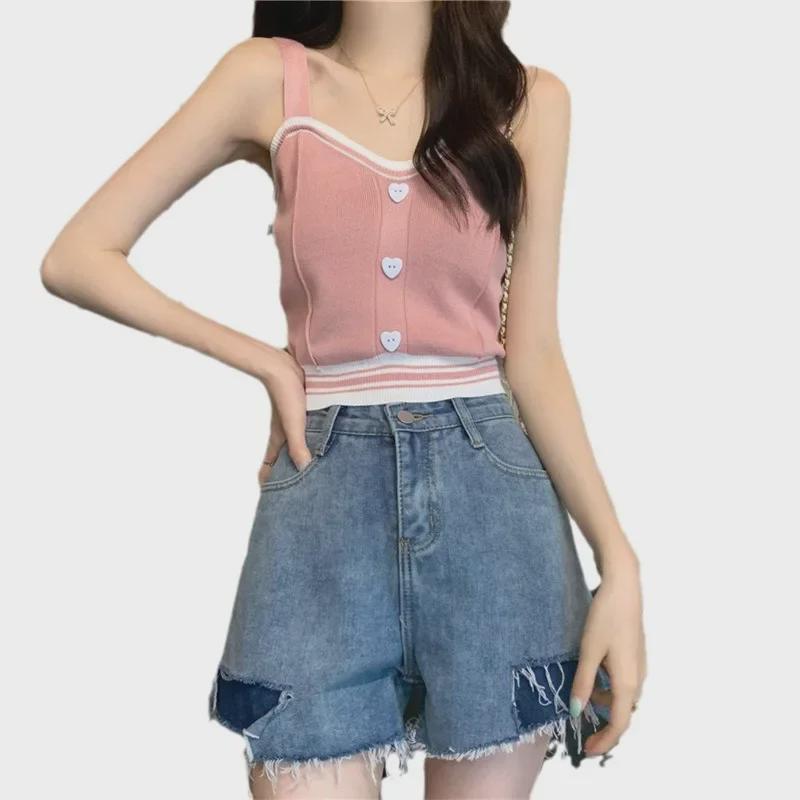 Женский контрастный жилет Love Button Camisole Vest - летний трикотажный укороченный топ 2024 года