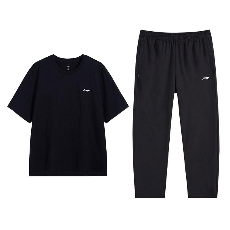 Li-Ning Дышащая универсальная футболка с коротким рукавом и удобные длинные брюки Спортивный костюм Мужские комплекты Черный B61-1+V811-1