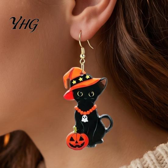 Lightweight Acrylic Halloween Decor 1 Pair Black Cat Earrings for Women, Cute Unique Niche Holiday Gift Her with Wizard Hat And Pumpkin Dangle Jewelry