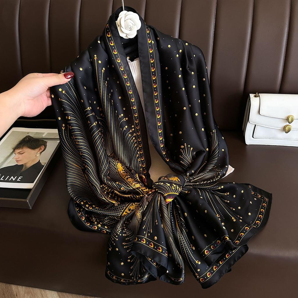 Long Silk Scarf Spring and Summer Thin Style Printed Scarf Beautiful Brocade Lotus Shawl Imitation Silk Scarf Gauze Scarf