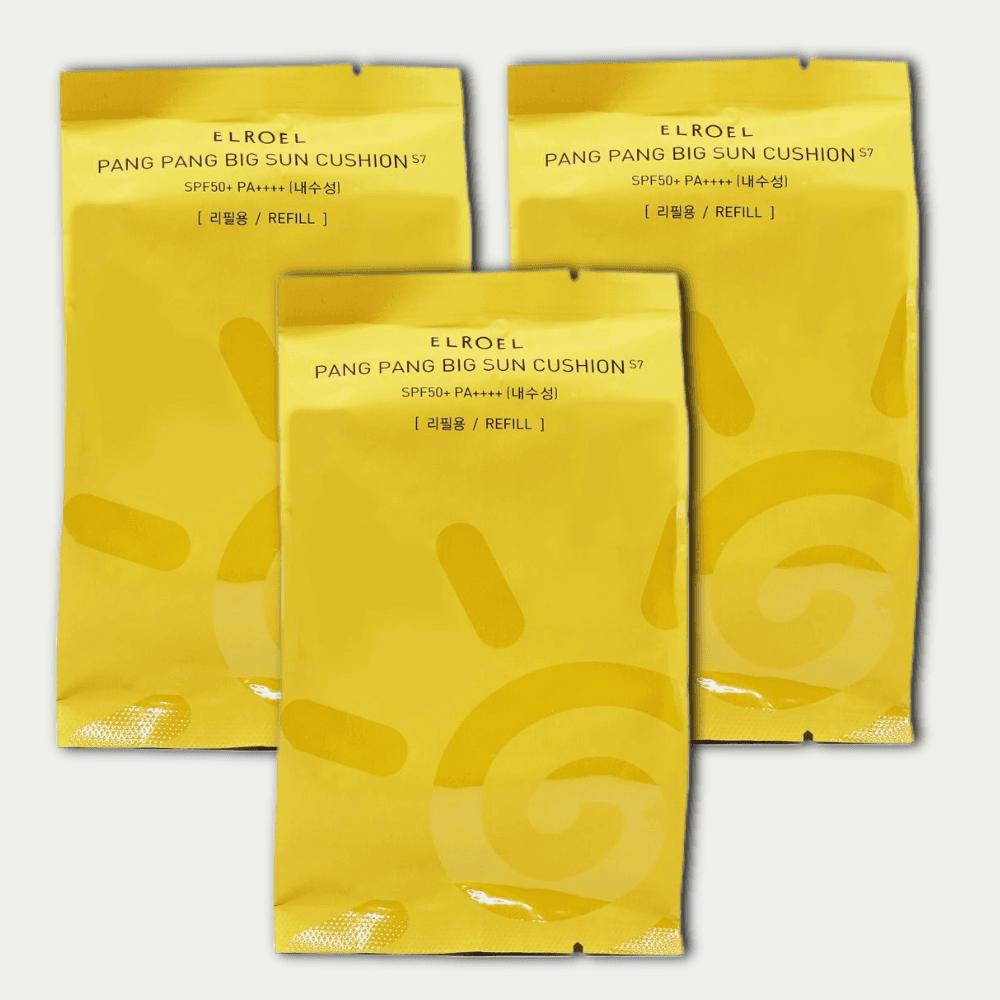 Eloel Pangpang Yellow Big Sun Cushion Plus Refill SPF50+PA++++, 25g, 3 Pieces