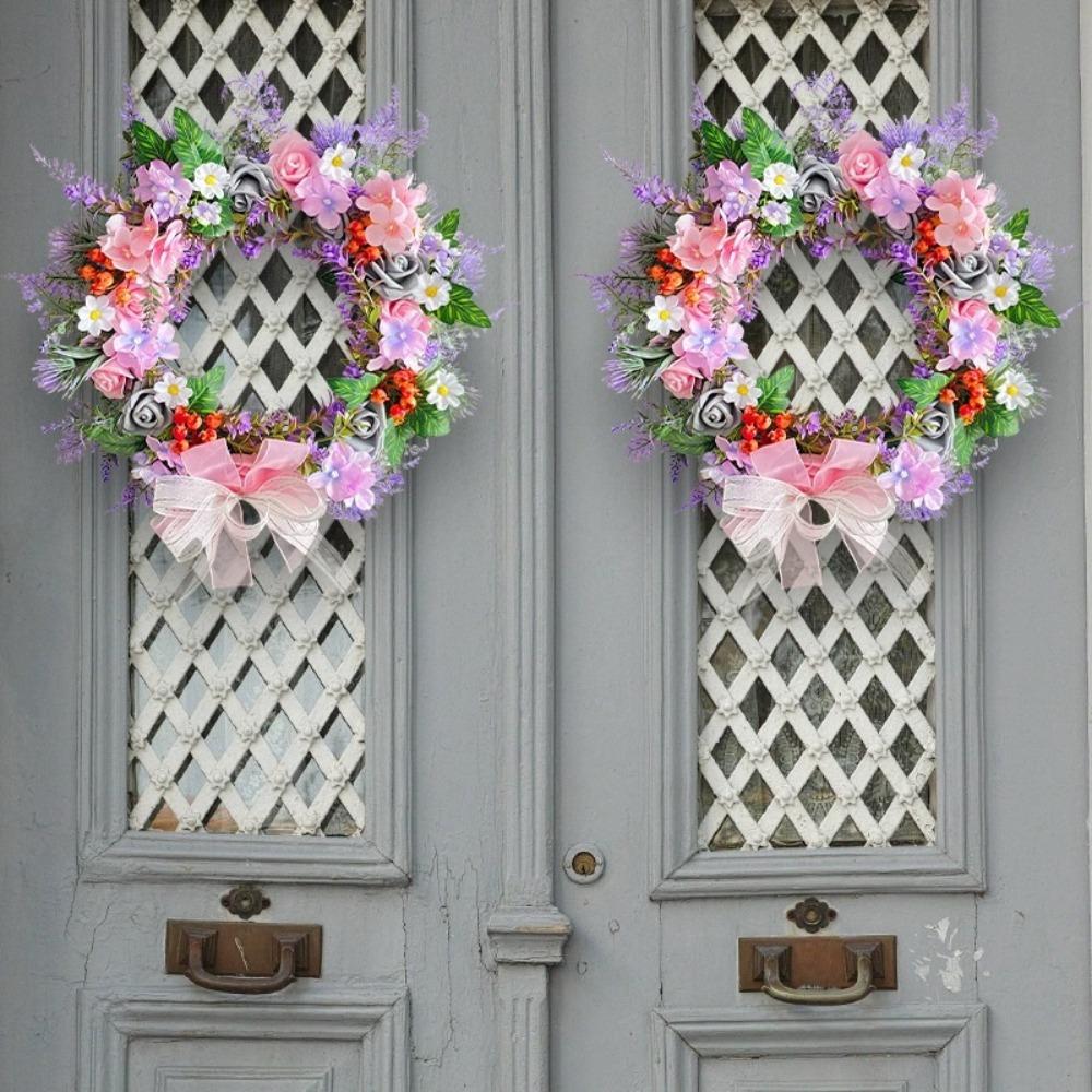 Розовый фиолетовый венок, весенний летний венок для входной двери, полевые цветы, лавандовые цветы для внутреннего и наружного оформления деревенского фермерского дома, свадебный венок