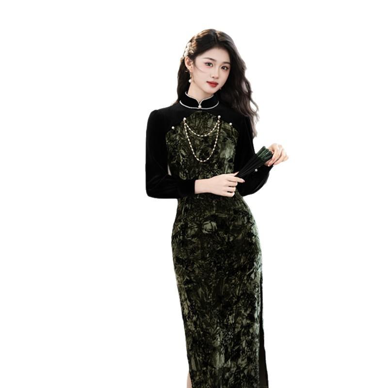 New Chinese velvet splicing improved cheongsam pearl stand-up collar long-sleeved fake two pieces daily wear physical women's clothing