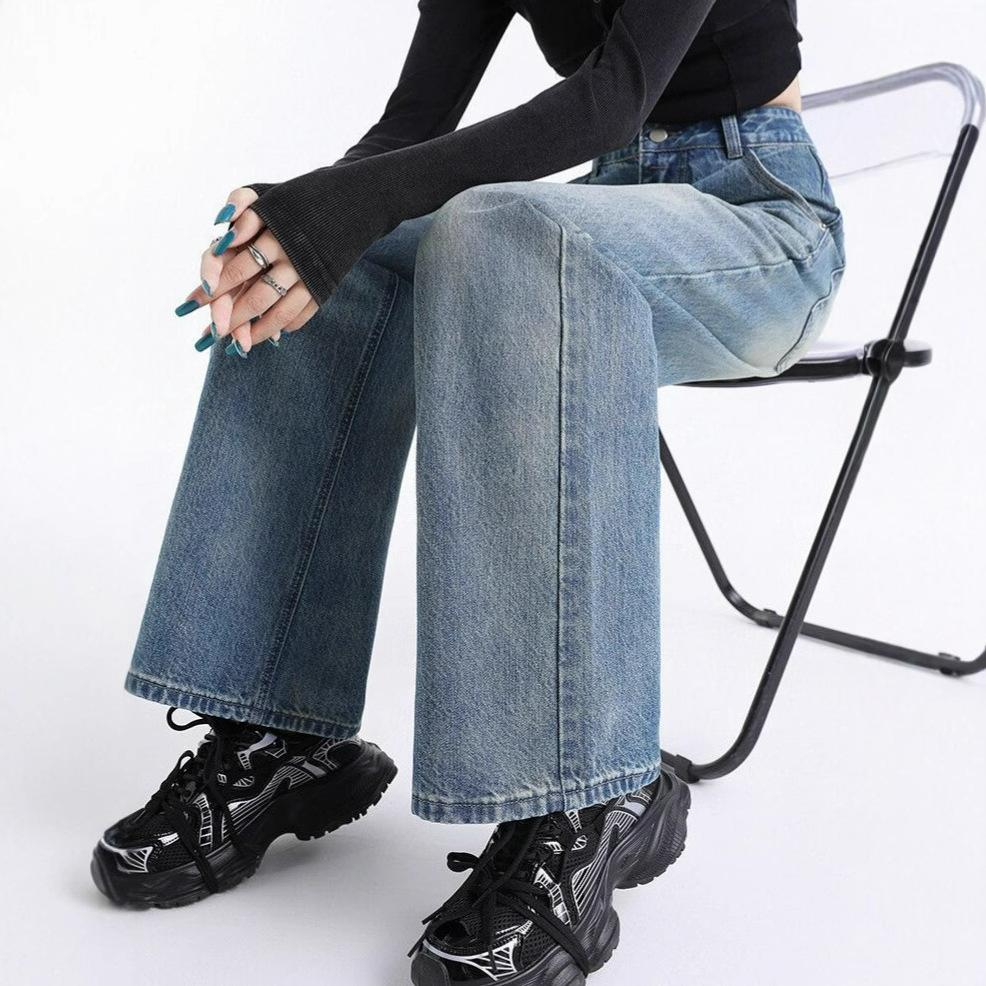 Удобные джинсы с широкими штанинами с эффектом стирки, женские, с высокой посадкой, больших размеров, состаренные, свободные, прямые, длинные брюки, джинсы для женщин, длинные джинсовые брюки