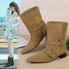 Woman Short Boots  Autumn Suede Leather Square Toe Women Heel Midsole Boots Low Heel Buckle Strap Retro Botas Para Mujer