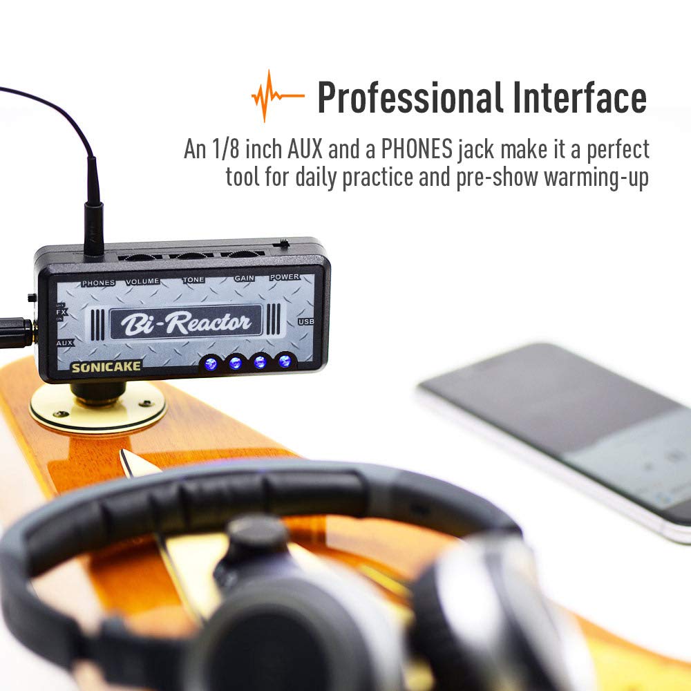 SONICAKE Mini Guitar Headphone Amplifier with Distortion USB Built-in & Delay, Rechargeable, Bi-Reactor