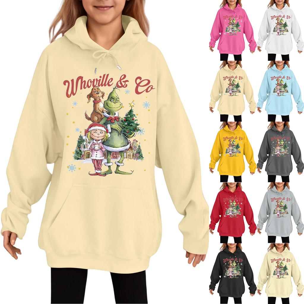 Детская модная повседневная толстовка с капюшоном свободного кроя с длинными рукавами и рождественским принтом