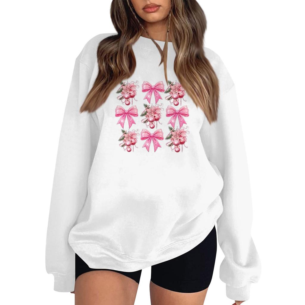 Women's Fashion Long Sleeve Loose Bowknot Printed Round Neck Sweatshirt