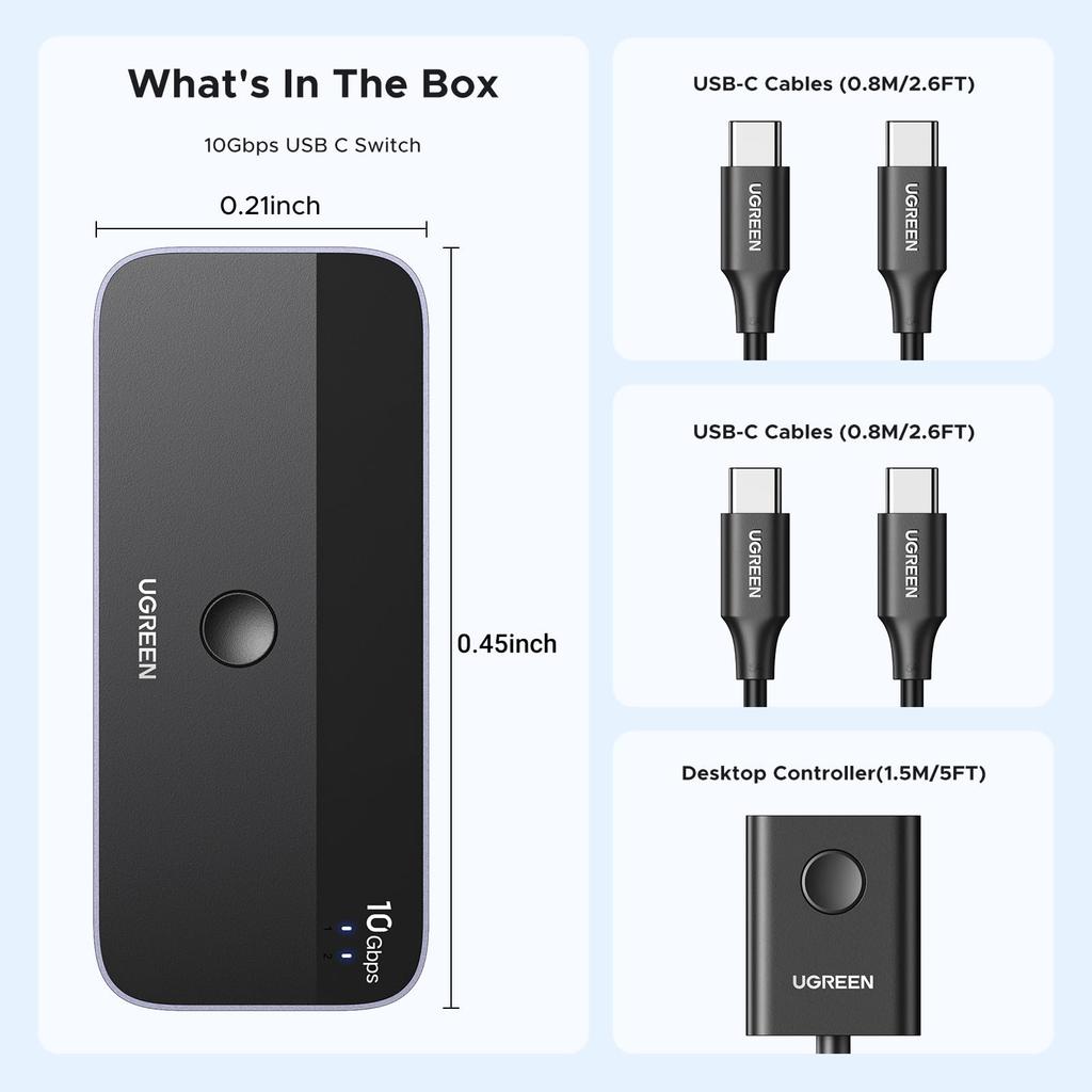 UGREEN 10 Гбит/с USB-переключатель для общего доступа к устройствам между двумя компьютерами, для переключателей, совместимый с двумя, включает два кабеля, удаленный USB-C переключатель, 3.2, USB-C и ПК,