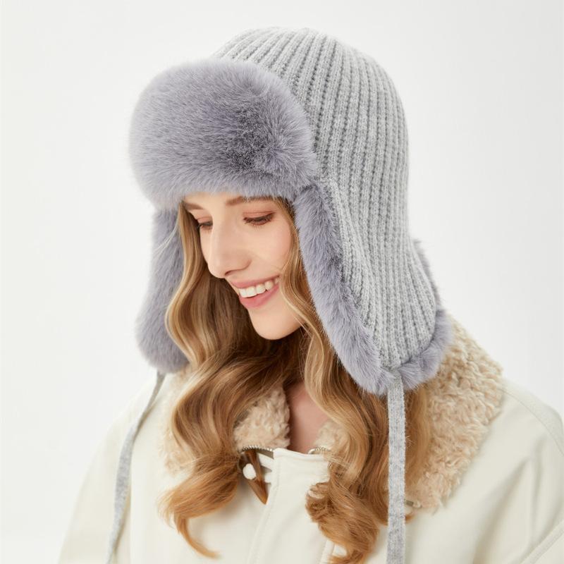 Lei Feng hat winter women's outdoor riding warm hat windproof and cold rabbit fur ear hat tide dome