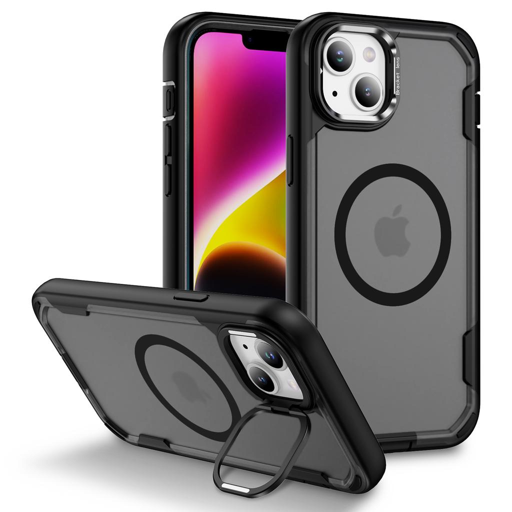 For iPhone 14/13 Case Compatible with MagSafe Lens Frame Kickstand TPU + PC Shockproof Phone Cover
