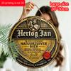 Плоский 2D, 1 шт. Круглый алюминиевый знак пива Hertog Jan, Винтажный голландский дизайн этикетки "Natuurzuiver Bier", Ретро-дизайн с эффектом потертости, Золотой и черный принт, Водонепроницаемый