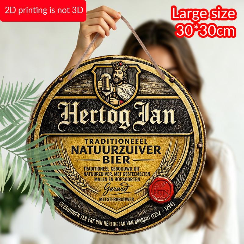 Плоский 2D, 1 шт. Круглый алюминиевый знак пива Hertog Jan, Винтажный голландский дизайн этикетки "Natuurzuiver Bier", Ретро-дизайн с эффектом потертости, Золотой и черный принт, Водонепроницаемый