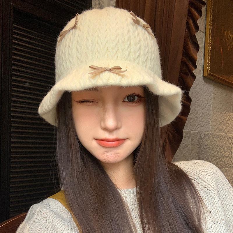 Милая шапка-бини с бантом, вязаная, осенне-зимняя, повседневная, универсальная, шерстяная, теплая, ветрозащитная, маленькая шляпа-котелок, подчеркивающая лицо