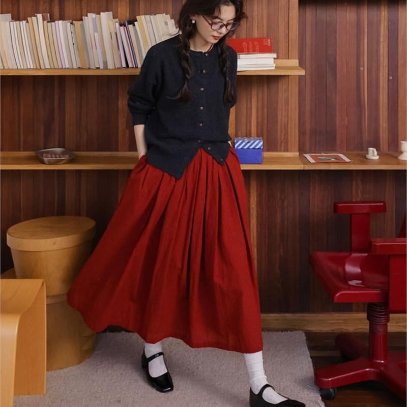 Johnature French Retro Bright Japanese Pleated Midi Skirt Red A-Line Umbrella Skirt Casual Simple Women Skirts