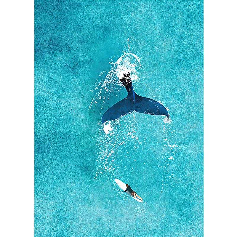 Blue Watercolor Ocean Marine Organism Whale Shark Manta Rays Poster Sea Beach Surf Canvas Painting Wall Art for Room Home
