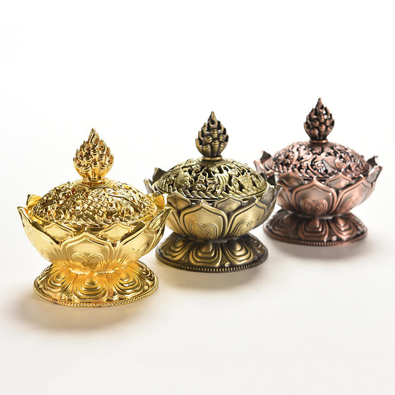 Tibet Collect Bronze Auspicious Lotus Shape Statue Box Incense Burner Censer