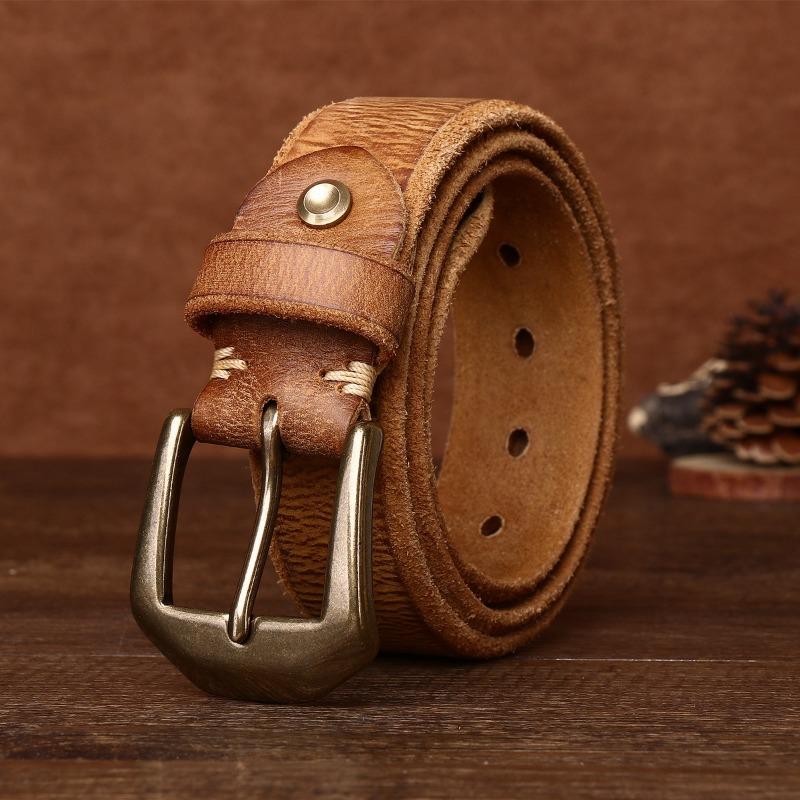 Thickened Large Copper Buckle Extra Thick Beveled Edge Retro Matte Leather Belt Men's First Layer Cowhide Casual Belt
