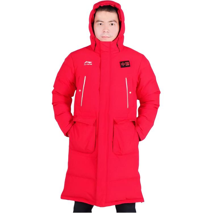 Li Ning однотонный теплый быстроотскок толстый ветрозащитный пуховик с капюшоном унисекс верхняя одежда красный AYMP145-1