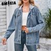 GMXIA Весна Осень Женская винтажная стираная джинсовая куртка Верхняя часть с воротником-поло Длинные рукава Куртки и пальто
