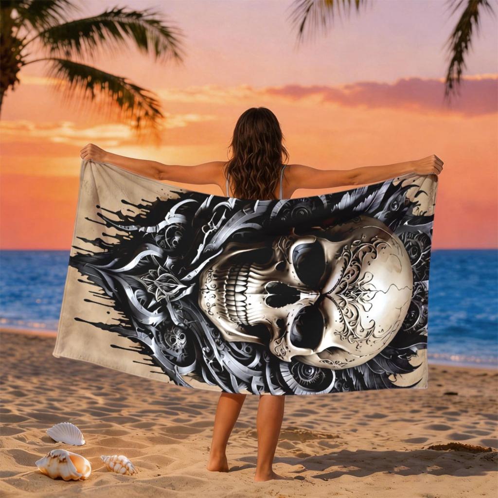 Dark Gothic-style decorated skull polyester microfiber beach towel is highly absorbent, suitable for swimming and beach outings