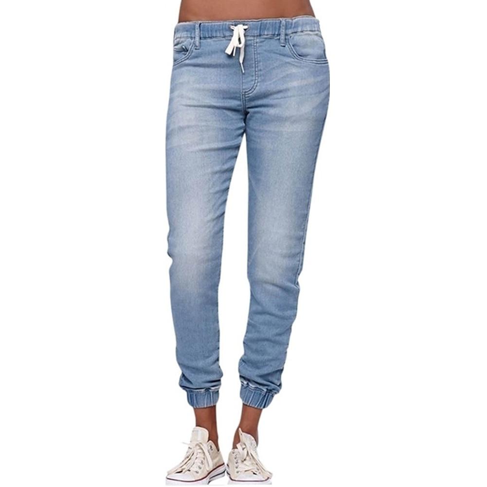 Casual Women Plus Size Drawstring Elastic Waist Jeans Loose Denim Long Pants Drawstring Elastic Waist Jeans Denim Pants